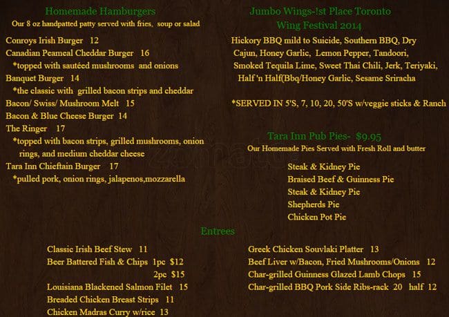 Tara Inn menu