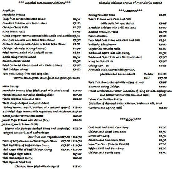 Mandarin Castle Menu, Menu for Mandarin Castle, Castleknock, Dublin