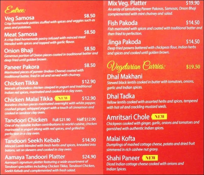 Aamaya Indian Restaurant Menu,Menú para Aamaya Indian Restaurant, Ascot
