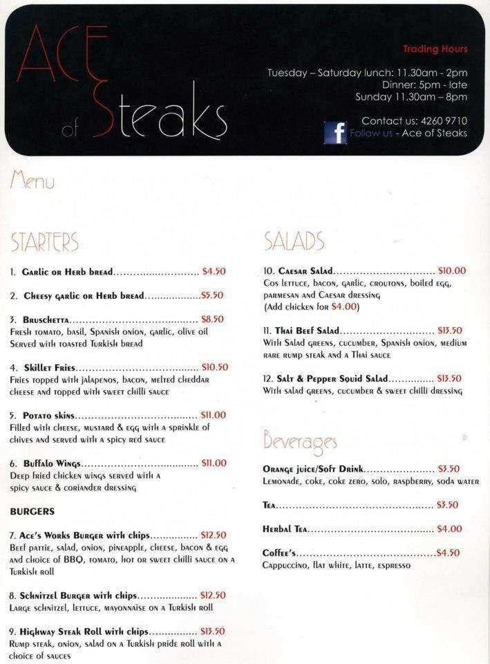 Ace of Steaks Menu, Menu for Ace of Steaks, Dapto, Dapto Urbanspoon