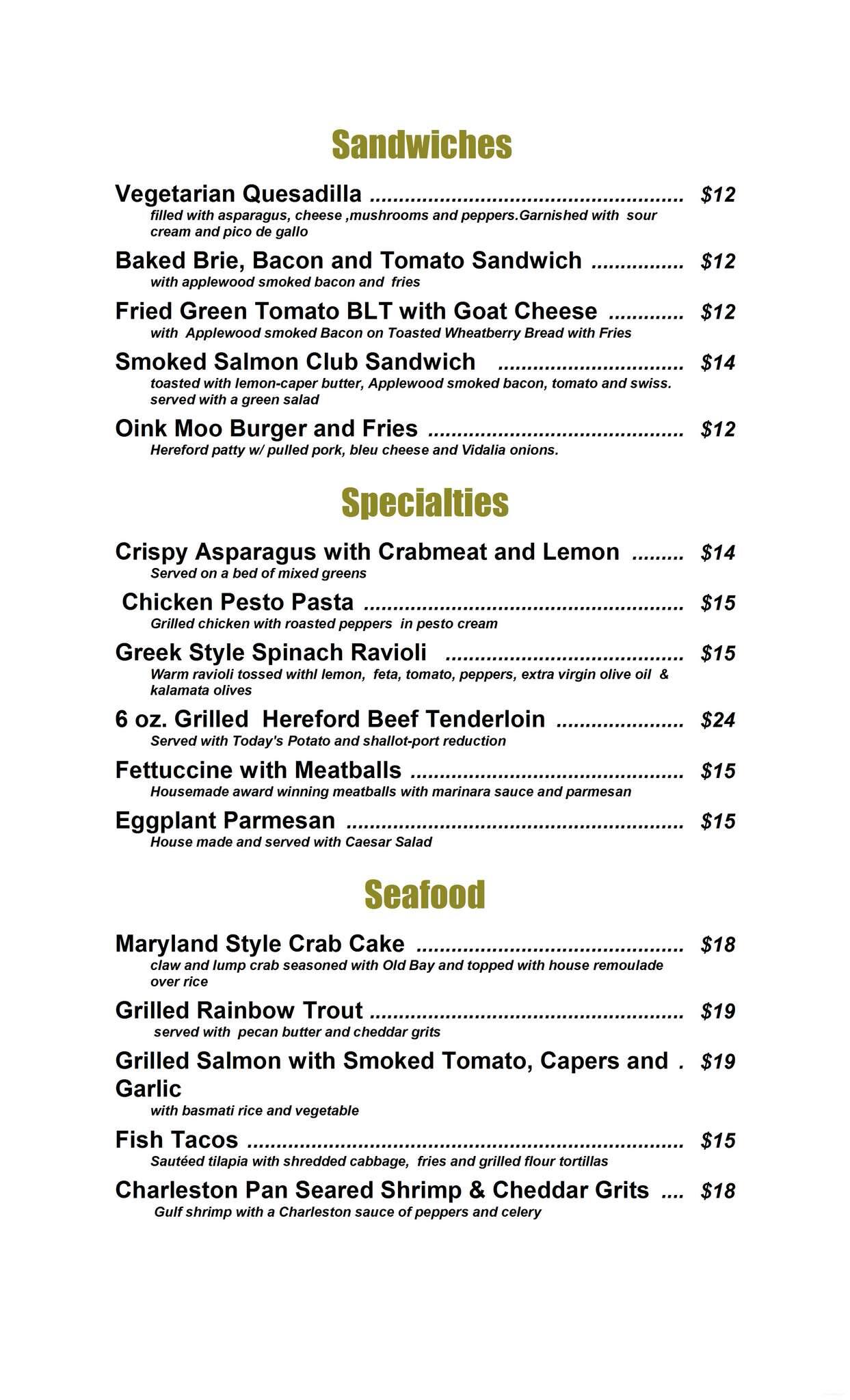 Menu at Dave's Modern Tavern restaurant, Monteagle