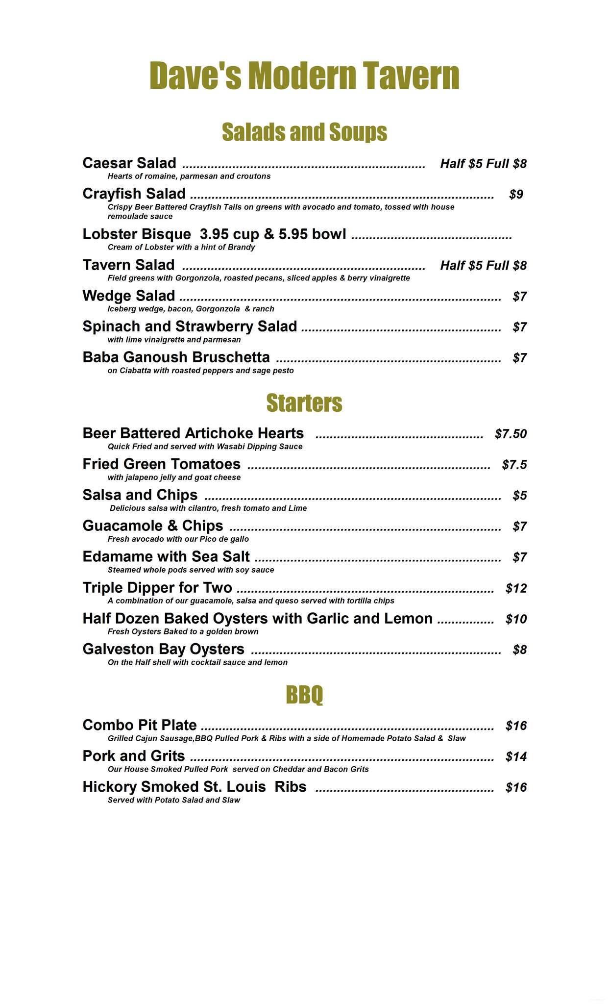Menu at Dave's Modern Tavern restaurant, Monteagle