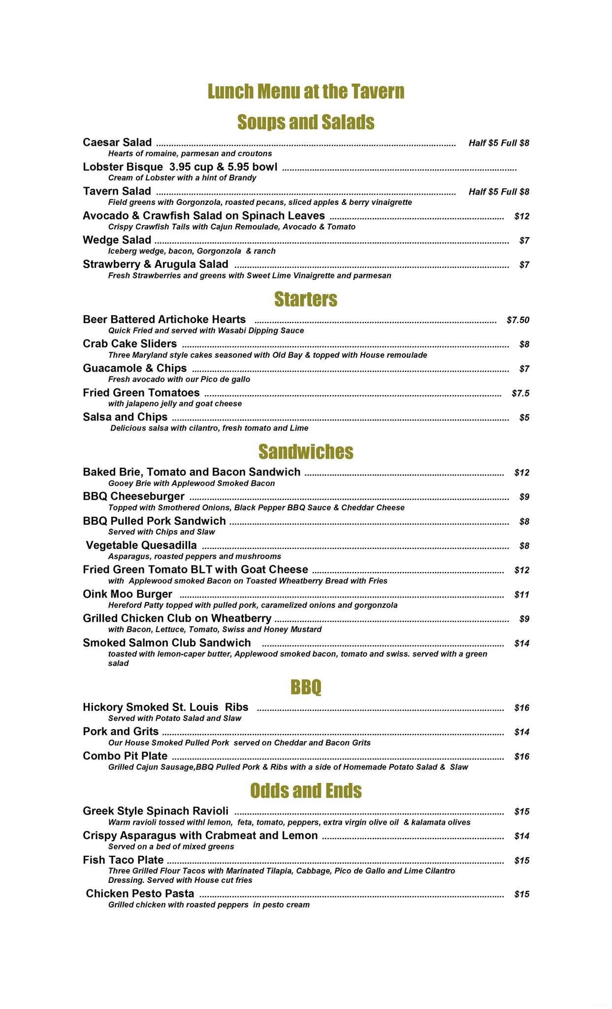 Menu at Dave's Modern Tavern restaurant, Monteagle