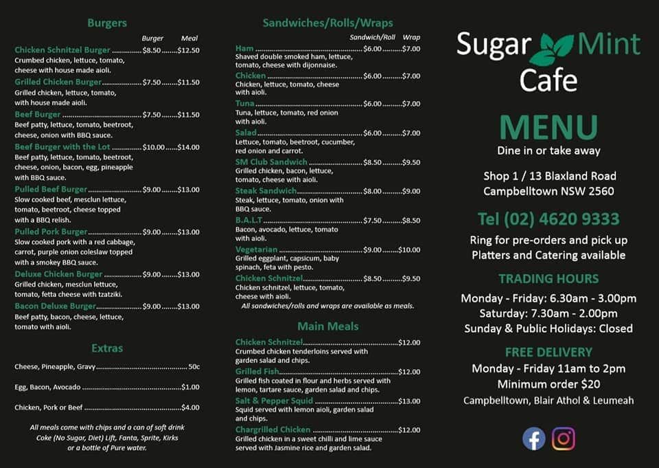 Menu at Sugar Mint Cafe, Campbelltown