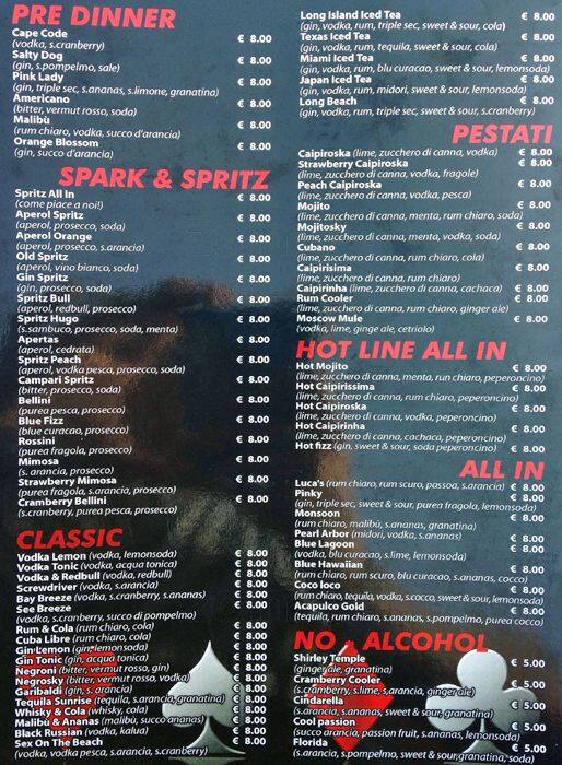 Menu di All In Lounge Bar - Gay Village 