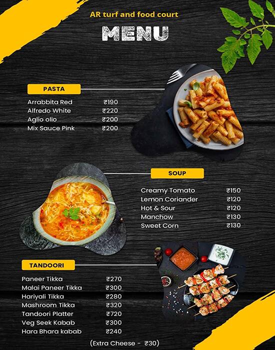 Menu of AR Turf & Food Court, By Pass Road (North), Indore