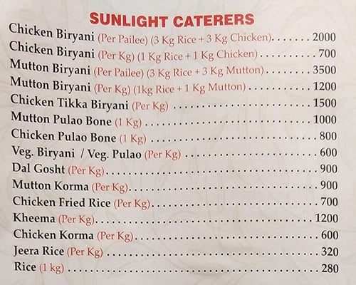 Sunlight Hotel menu