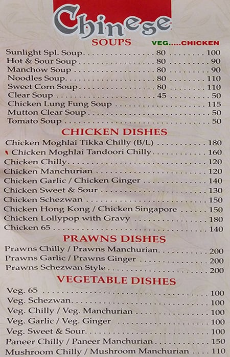 Sunlight Hotel menu