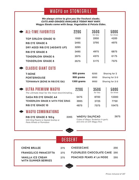 Carta de parrilla House of Wagyu Stonegrill, Mandaluyong