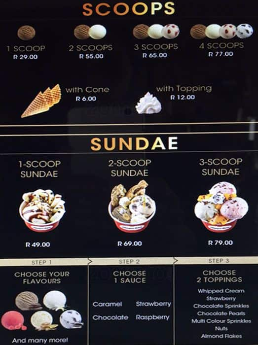 Haagen Dazs Menu, Menu for Haagen Dazs, V & A Waterfront, Cape Town