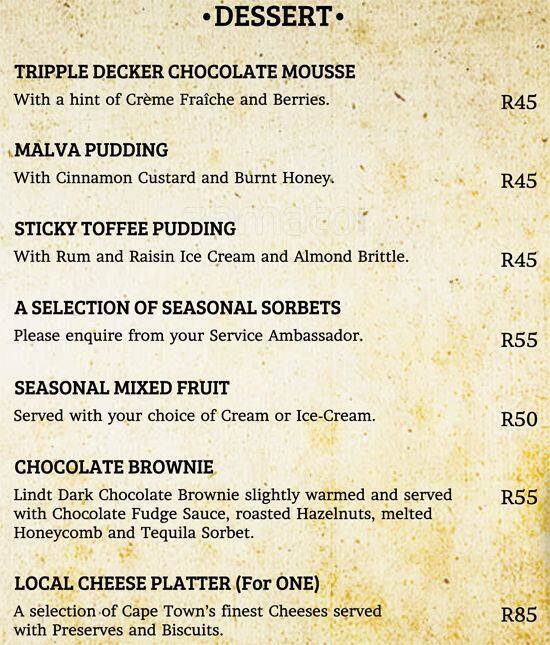 Menu at The Quarterdeck Restaurant at the Portswood Hotel, Cape Town, V