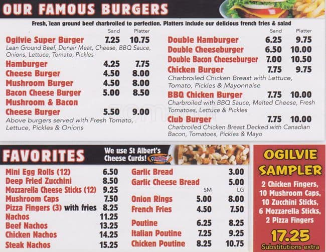 Ogilvie Pizza Menu, Menu v reštaurácii Ogilvie Pizza, Vanier, Ottawa