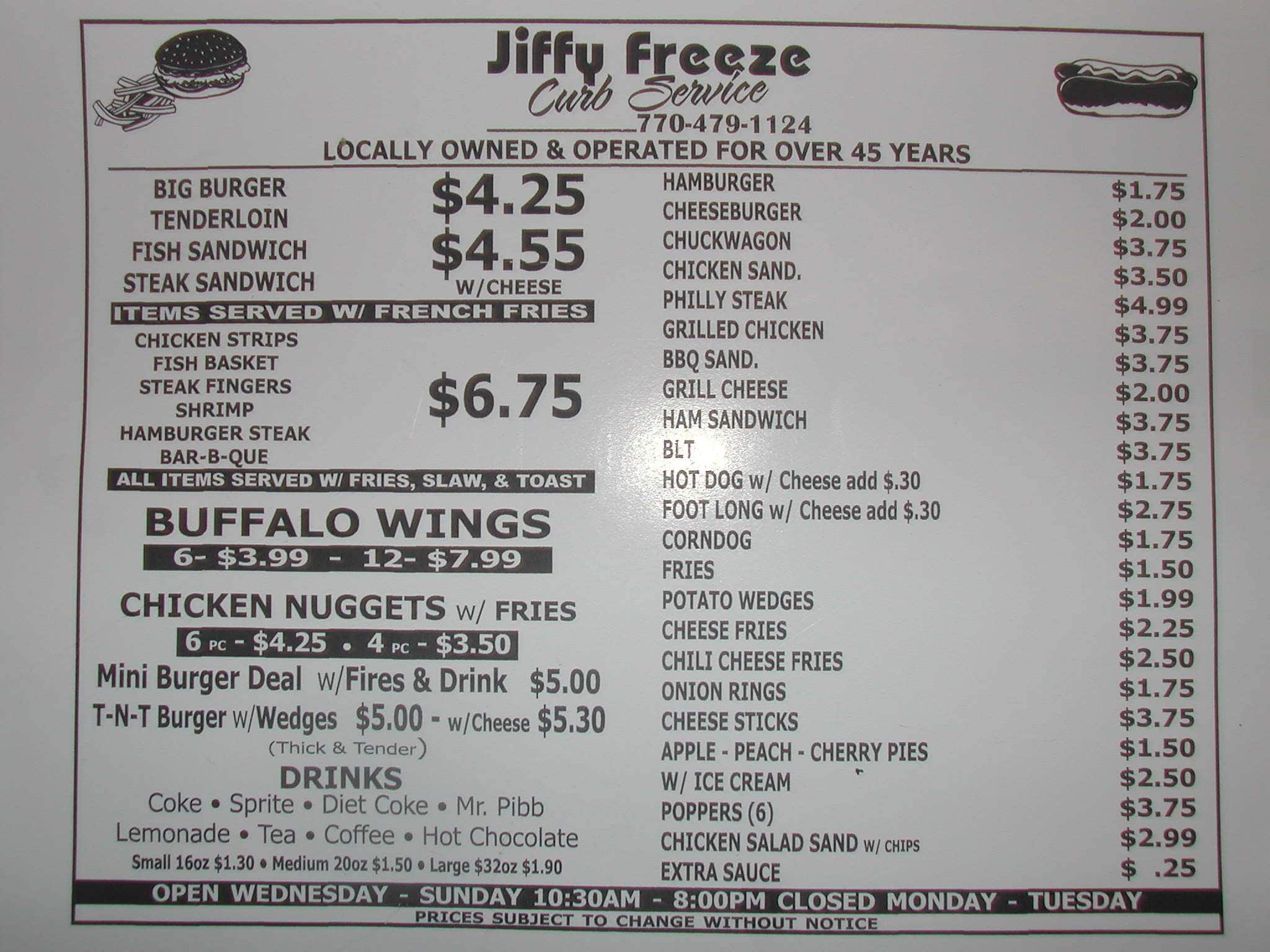 Menu at Jiffy Freeze restaurant, Canton