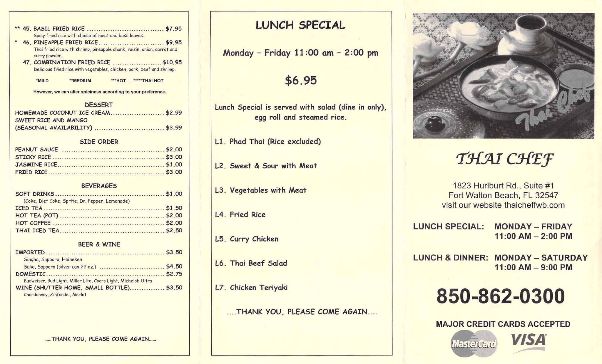 Menu at Thai Chef restaurant, Fort Walton Beach