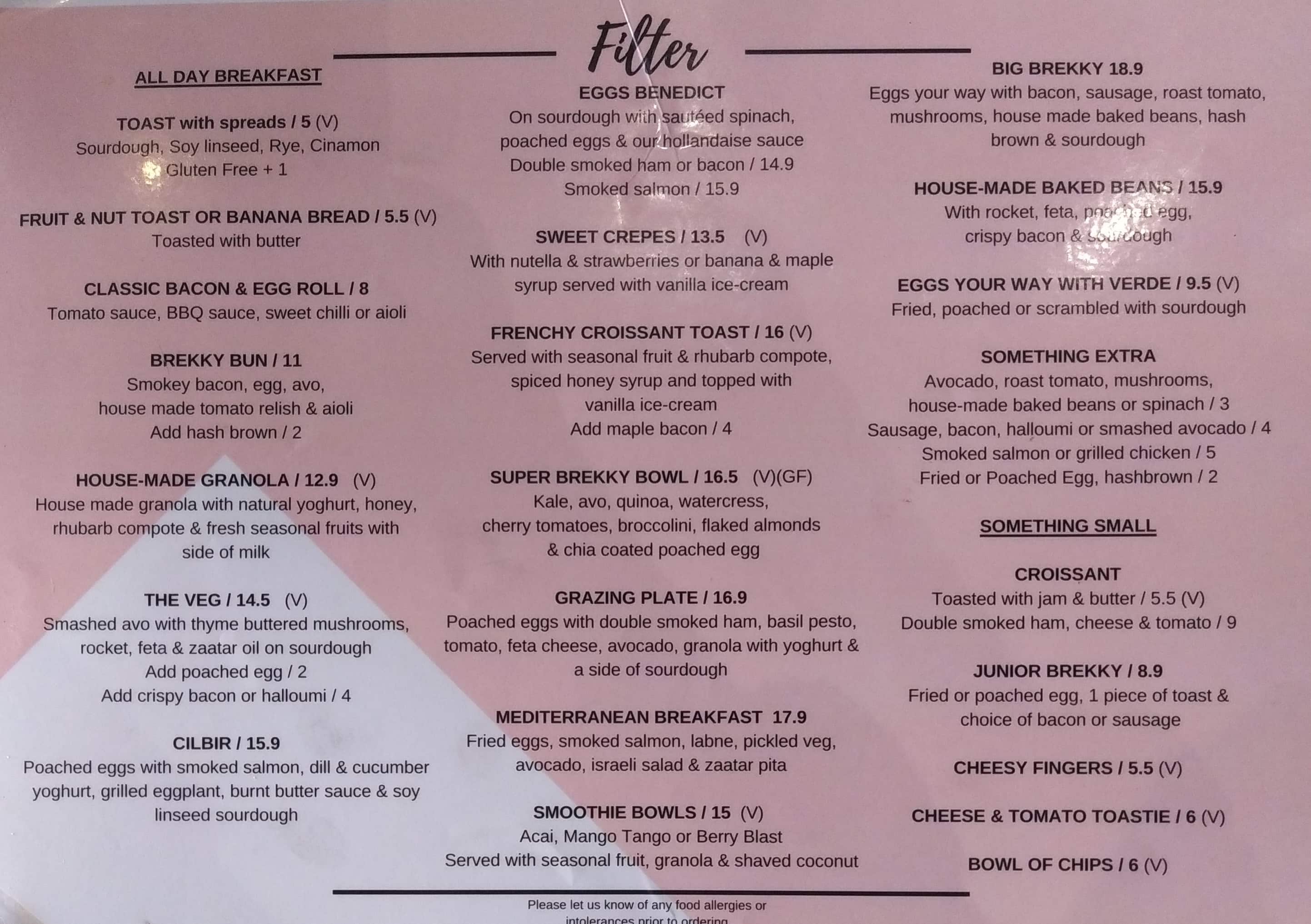 Menu at Filter Cafe, Mortdale