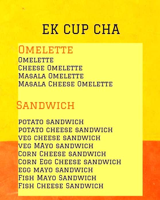 Menu of Ek Cup Cha Baghajatin Kolkata