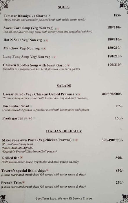 Menu of The Tavern Restaurant, Karanpur, Dehradun