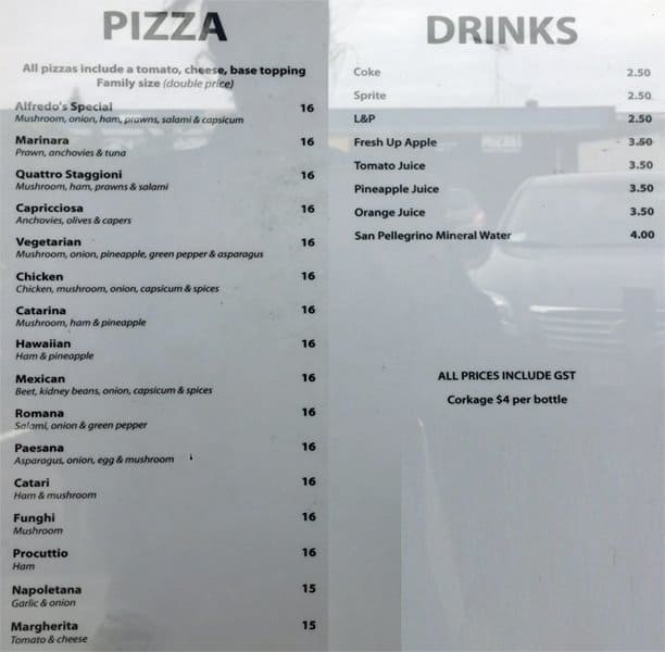 Menu at Alfredo's Pizzeria, Auckland