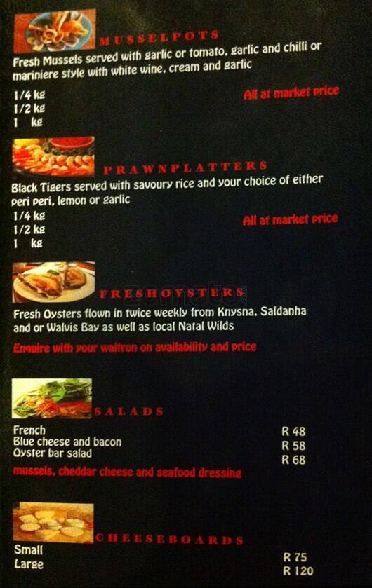 Menu at Oyster Restaurant, Durban