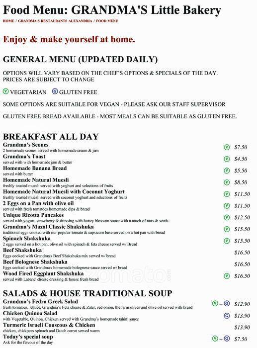 Grandma's Little Bakery Menu Urbanspoon/Zomato