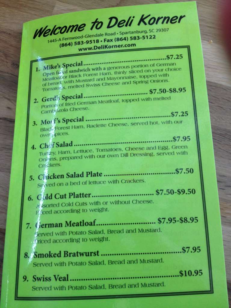 Deli Korner Menu, Menu for Deli Korner, Spartanburg, Greenville