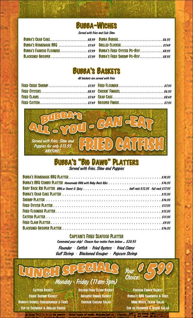 Menu at Bubba's Fish Shack restaurant, Surfside Beach