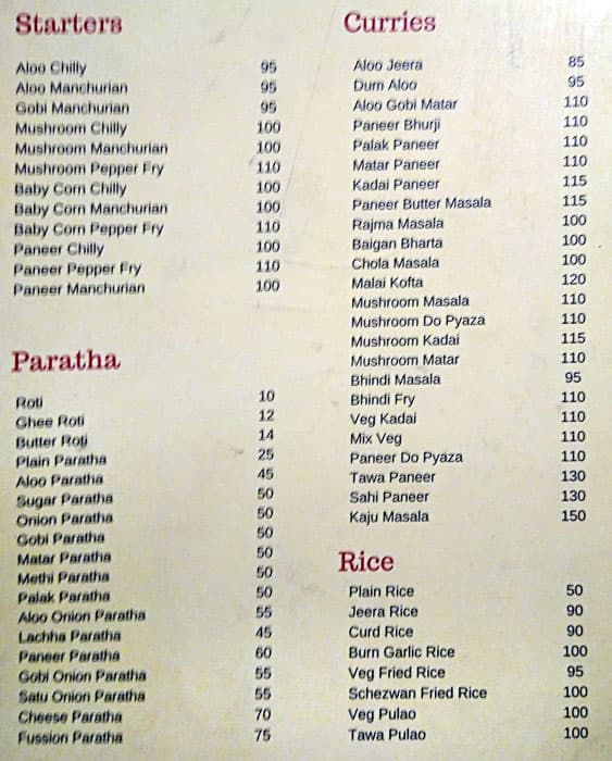 Tawa Ghar ka menu