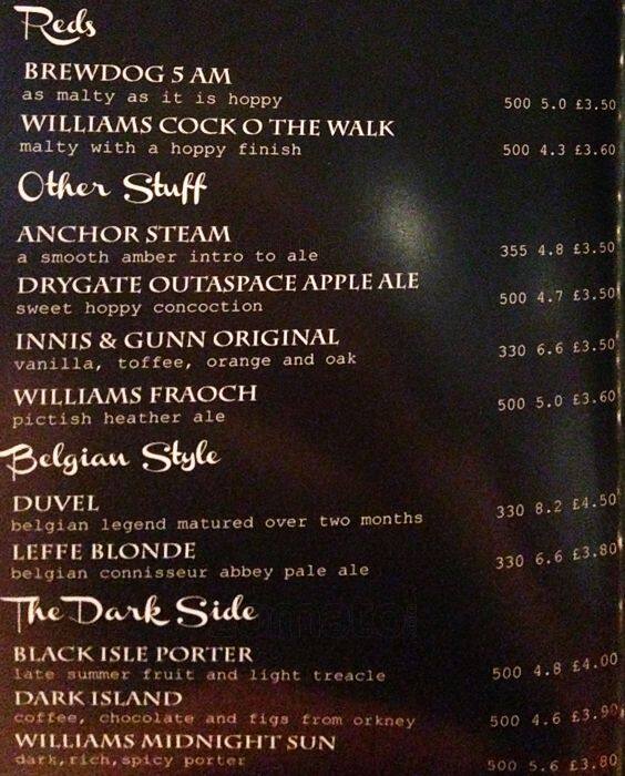 Menu at Brass Monkey Leith pub & bar, Edinburgh, 362 Leith Walk