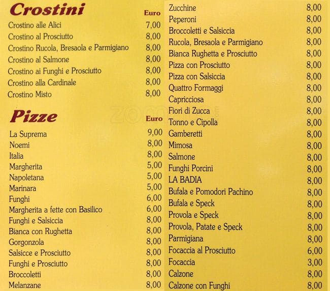 Menu di La badia 
