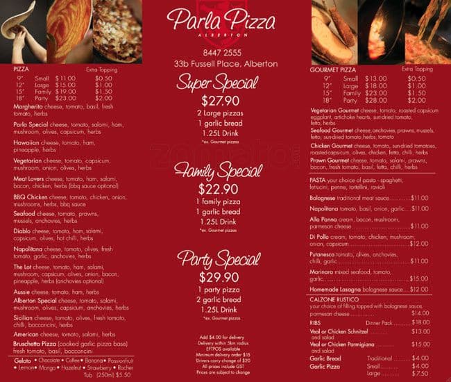 Parla Pizza Alberton menu