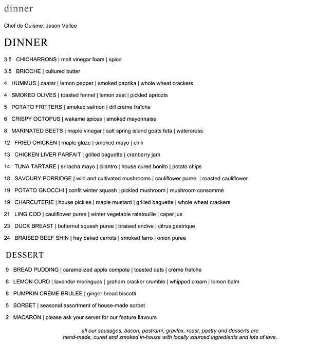 Menu. 122 Menu at Catch 122 restaurant, Vancouver