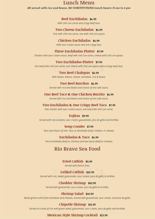 Rio Bravo Fine Cuisine menu