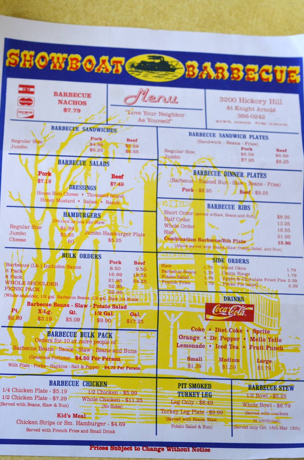 Showboat Barbecue Menu Menu For Showboat Barbecue South Riverdale Memphis