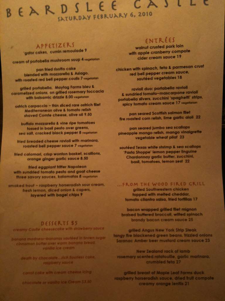 Beardslee Castle menu, Menu restauracji Beardslee Castle, Little Falls, Utica Urbanspoon/Zomato