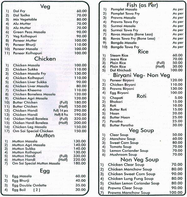 Om Sai Veg Non Veg &Chinese Corner menu