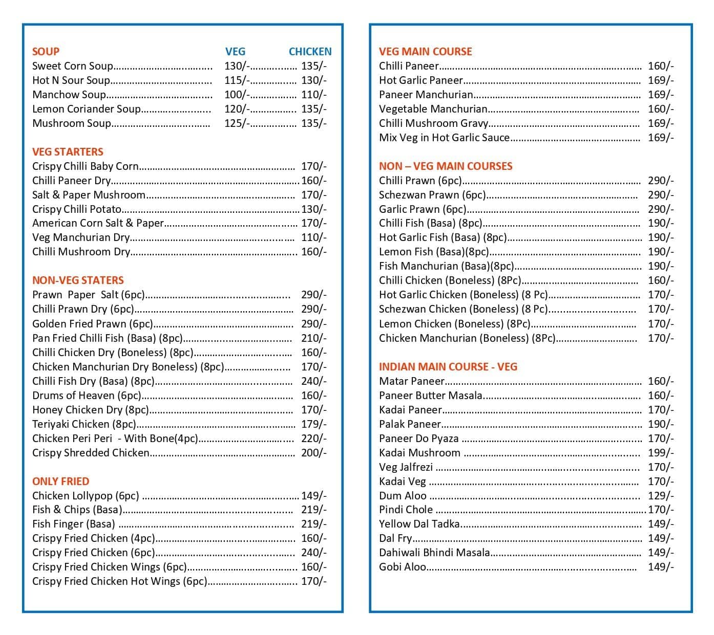 Menu of The Moody Chef, Kaikhali, Kolkata