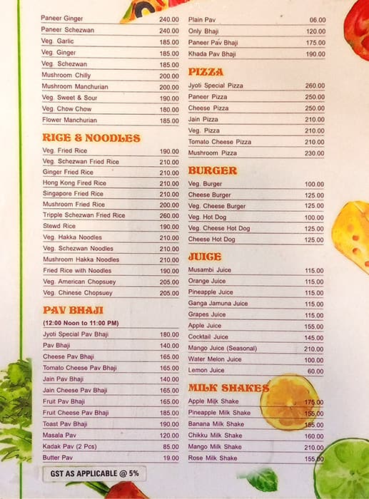 Jyoti Refreshments menu