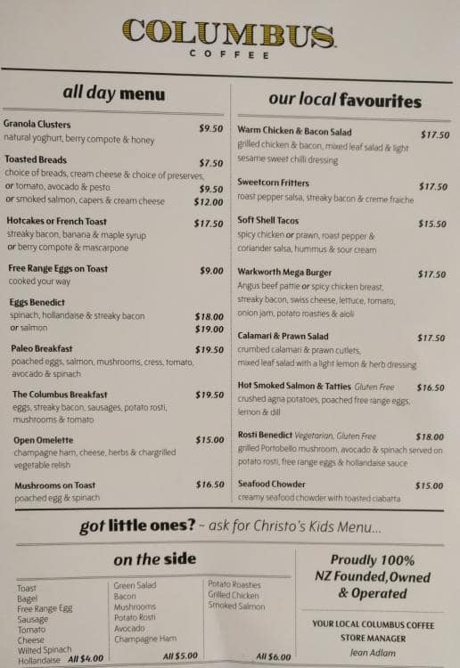 Columbus Coffee Menu, Menu for Columbus Coffee, Queen Street, Auckland