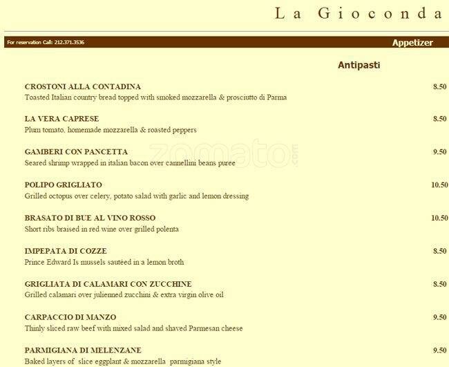 La Gioconda Menu, Menu for La Gioconda, Midtown, New York City