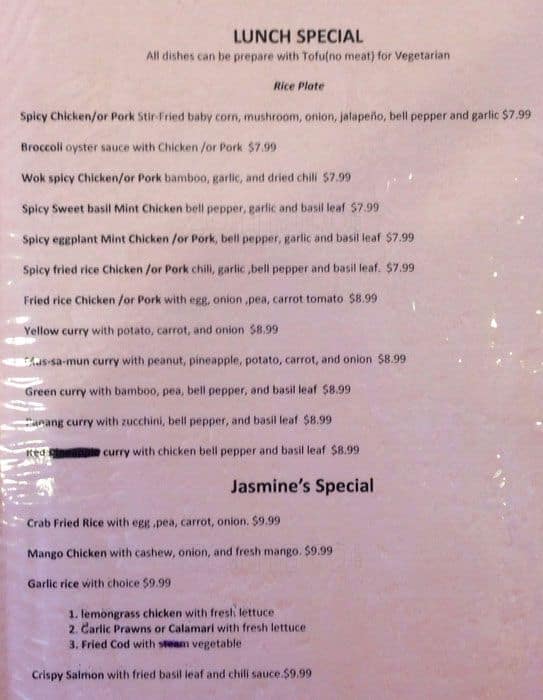 Jasmin Thai Menu, Menu for Jasmin Thai, East San Jose, San Jose