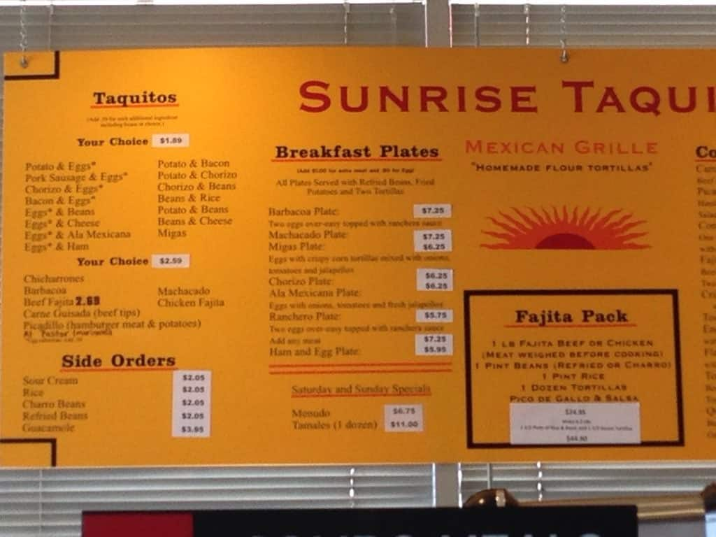 Sunrise Taquitos Menu, Menu for Sunrise Taquitos, Spring, Houston