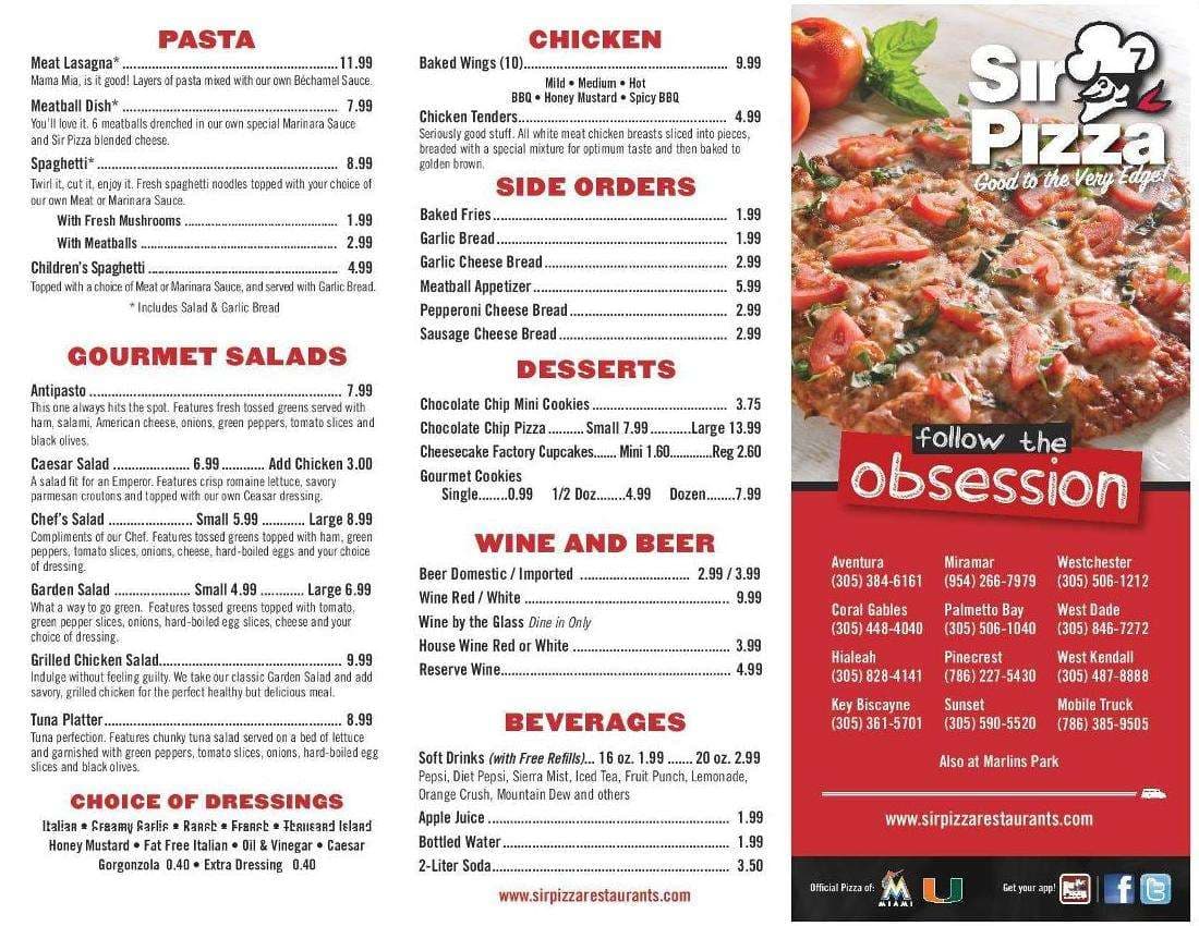 Sir Pizza Menu, Menu for Sir Pizza, Wynwood/Edgewater, Miami Urbanspoon/Zomato