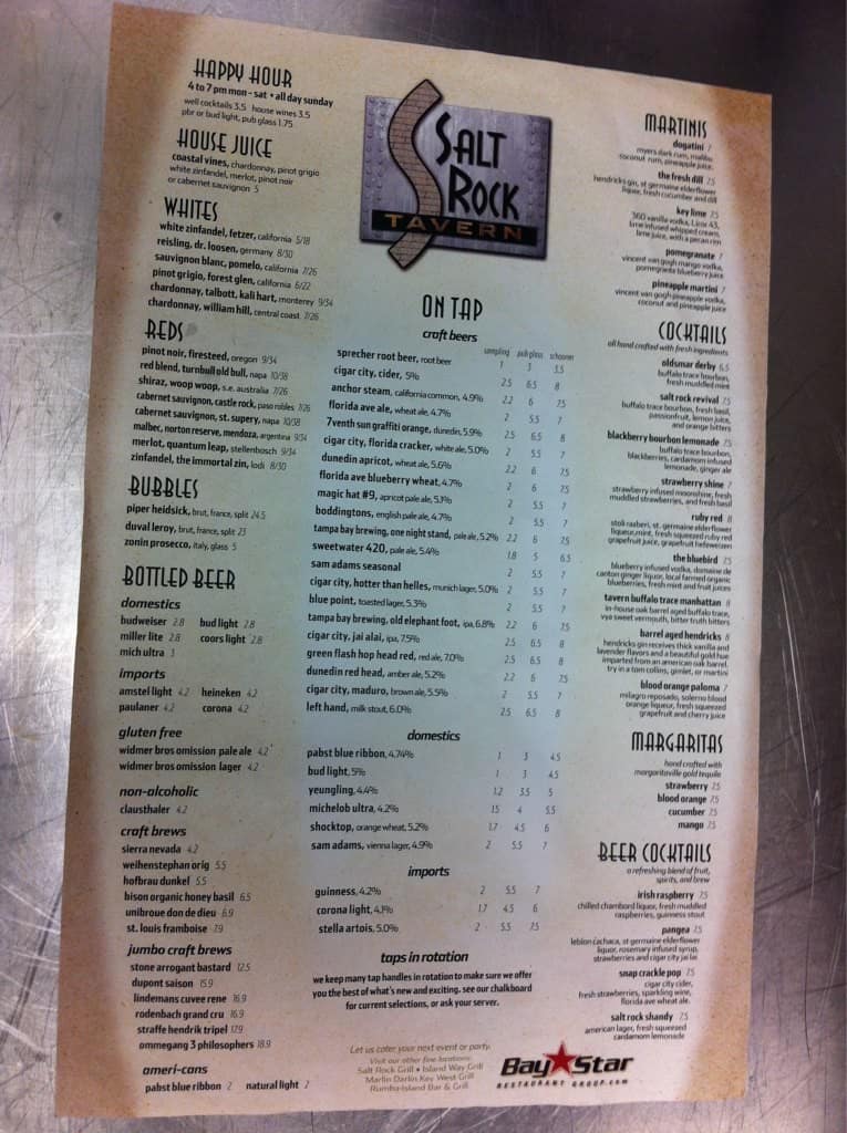 Menu at Salt Rock Tavern pub & bar, Oldsmar