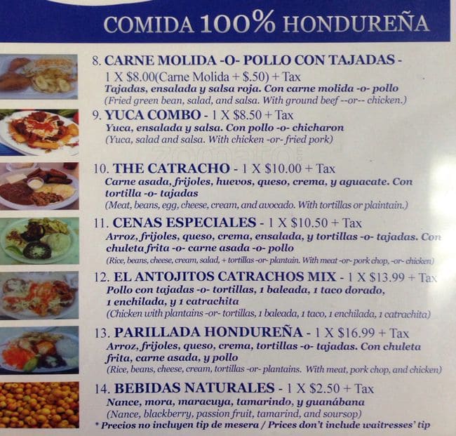 Menu at Antojitos Catrachos restaurant, Charlotte, Albemarle Rd g