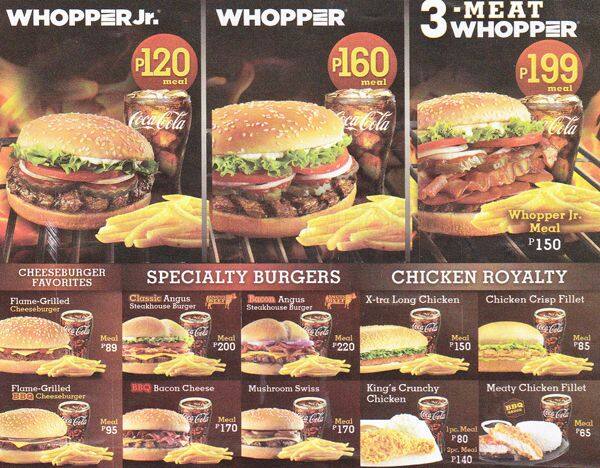 Burger King Menu Menu For Burger King Alabang Muntinlupa City 