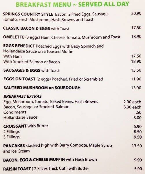 Springs Café Menu, Menu for Springs Café, Meadow Springs, City of