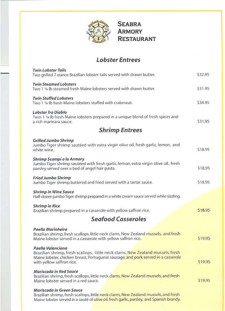 Menu at Seabra's Armory restaurant, Perth Amboy