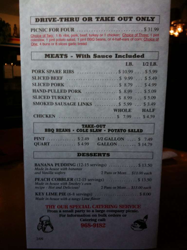 Menu at Smokey's Real Pit Bar-B-Que, Pensacola, Pensacola Blvd