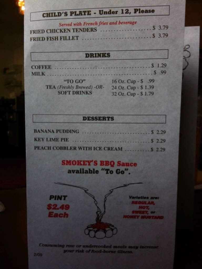 Menu at Smokey's Real Pit BarBQue, Pensacola, Pensacola Blvd