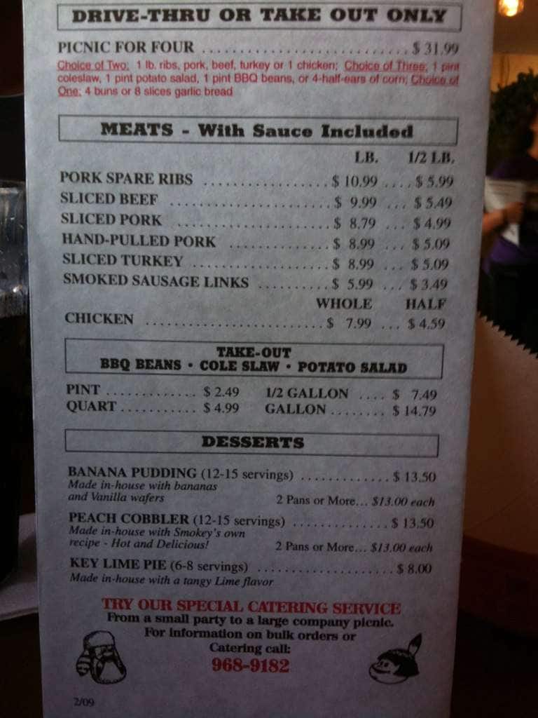 Menu at Smokey's Real Pit BarBQue, Pensacola, Pensacola Blvd